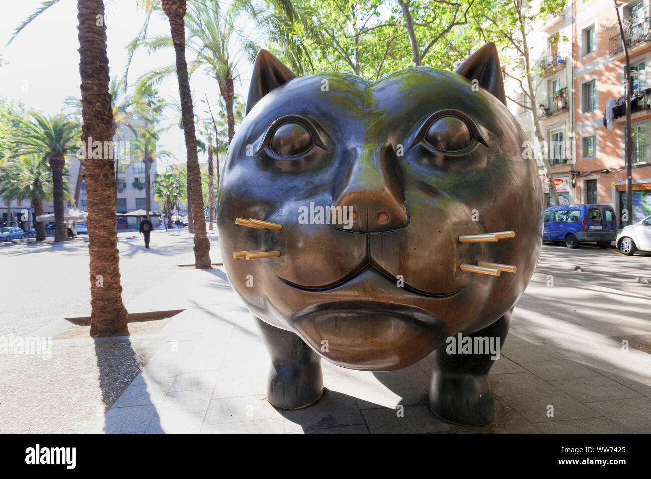 Cat's Skulptur El Gat von Botero auf der Rambla del Raval, Barcelona, Katalonien, Spanien Stockfoto