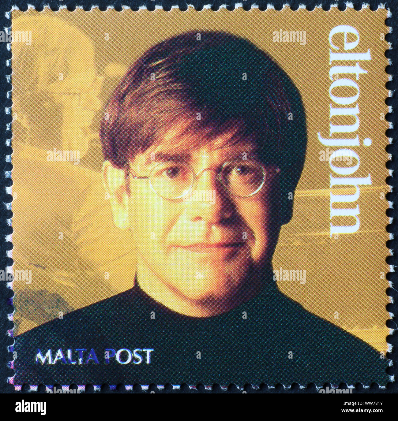 Portrait von Elton John auf Briefmarke Stockfoto