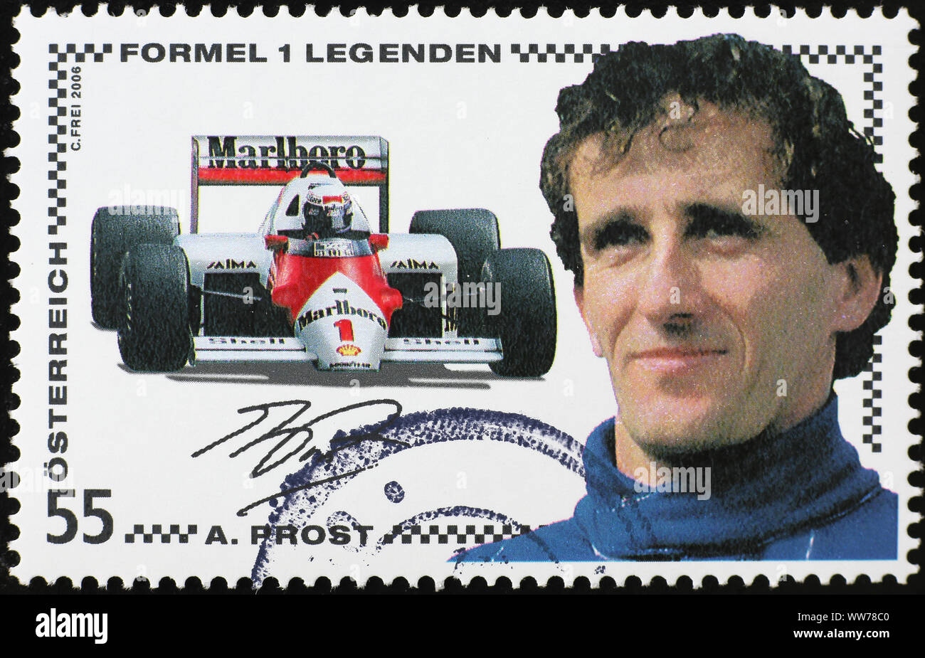 Rennfahrer Alain Prost auf Briefmarke Stockfoto
