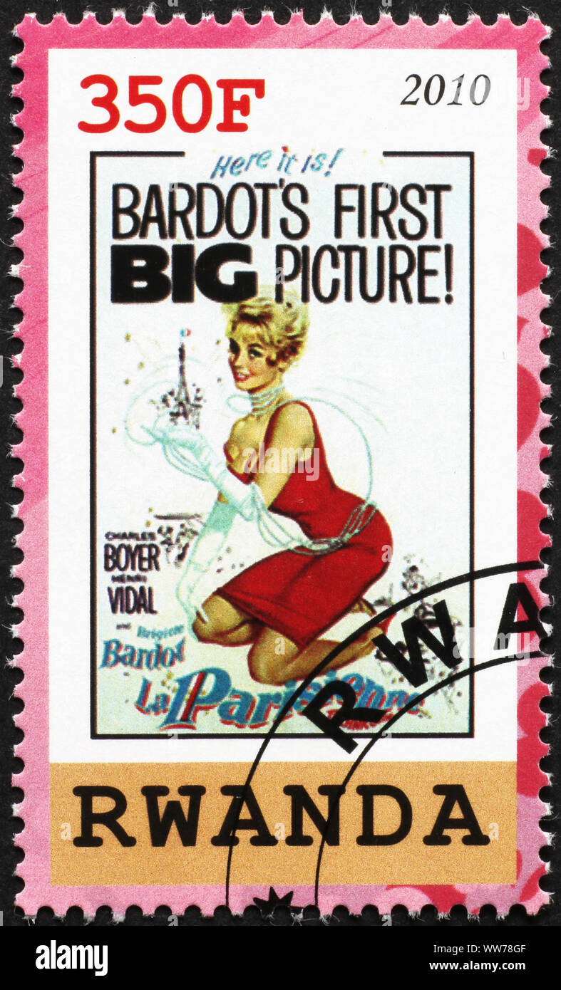 Jahrgang Film Poster mit Brigitte Bardot auf Briefmarke Stockfoto