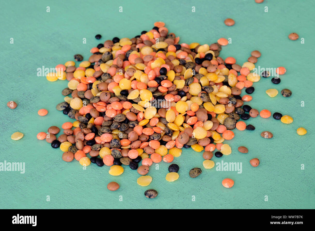 Linsen, verschiedene Farben, grüner Hintergrund, Hülsenfrüchte Stockfoto