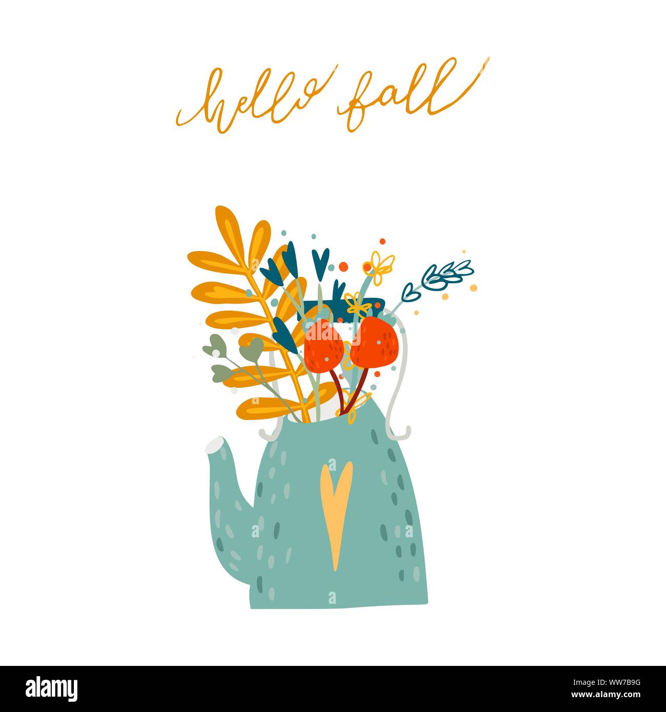 Teekanne mit Herbst Bouquet. Hallo fallen Schriftzug. Vector Illustration im Cartoon Stil Stock Vektor