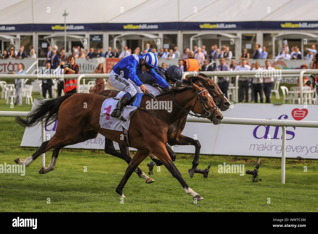 12. September 2019, Doncaster Racecourse, Doncaster, England; William Hill St Leger Festival, DFS Ladies Day, Britische Hengst Bolzen EBF, 2:40 DFS Park Hill Stakes; Enbihaar (blaue und weiße Streifen) geritten von Jim Crowley gewinnt 2:40 durch einen Whisker und ein Foto Finish mit Delphinia Stockfoto