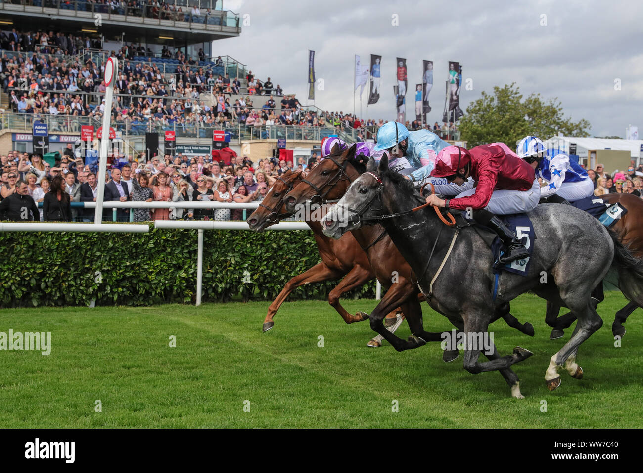 12. September 2019, Doncaster Racecourse, Doncaster, England; William Hill St Leger Festival, DFS Ladies Day, Britische Hengst Bolzen EBF, 2:10 britische Hengst Bolzen EBF: anmutige Magic (Rot oben) geritten von Charles Bishop gewinnt die 2:10 mit Photo Finish mit Stylistique und Rosadora Stockfoto