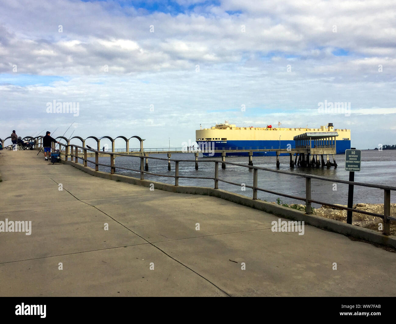 Ein Mann, der seinen Hund auf Jekyll Island, in der Nähe von Brunswick, Georgia bietet einen menschlichen Maßstab für die massive Car carrier Frachtschiff vorbei. Stockfoto
