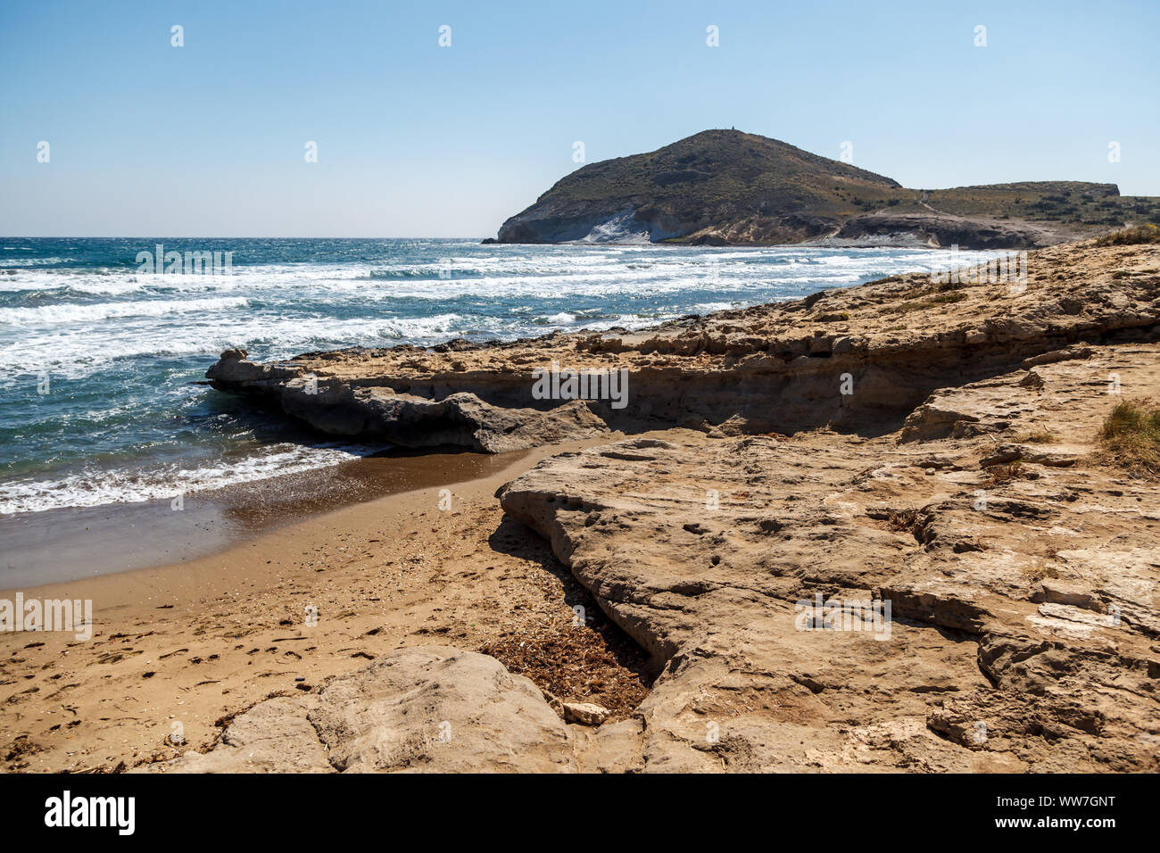 Der Mittelmeerküste im Cabo de Gata National Park, in der Nähe von San JosÃ©, Almeria, Spanien, Europa. Stockfoto