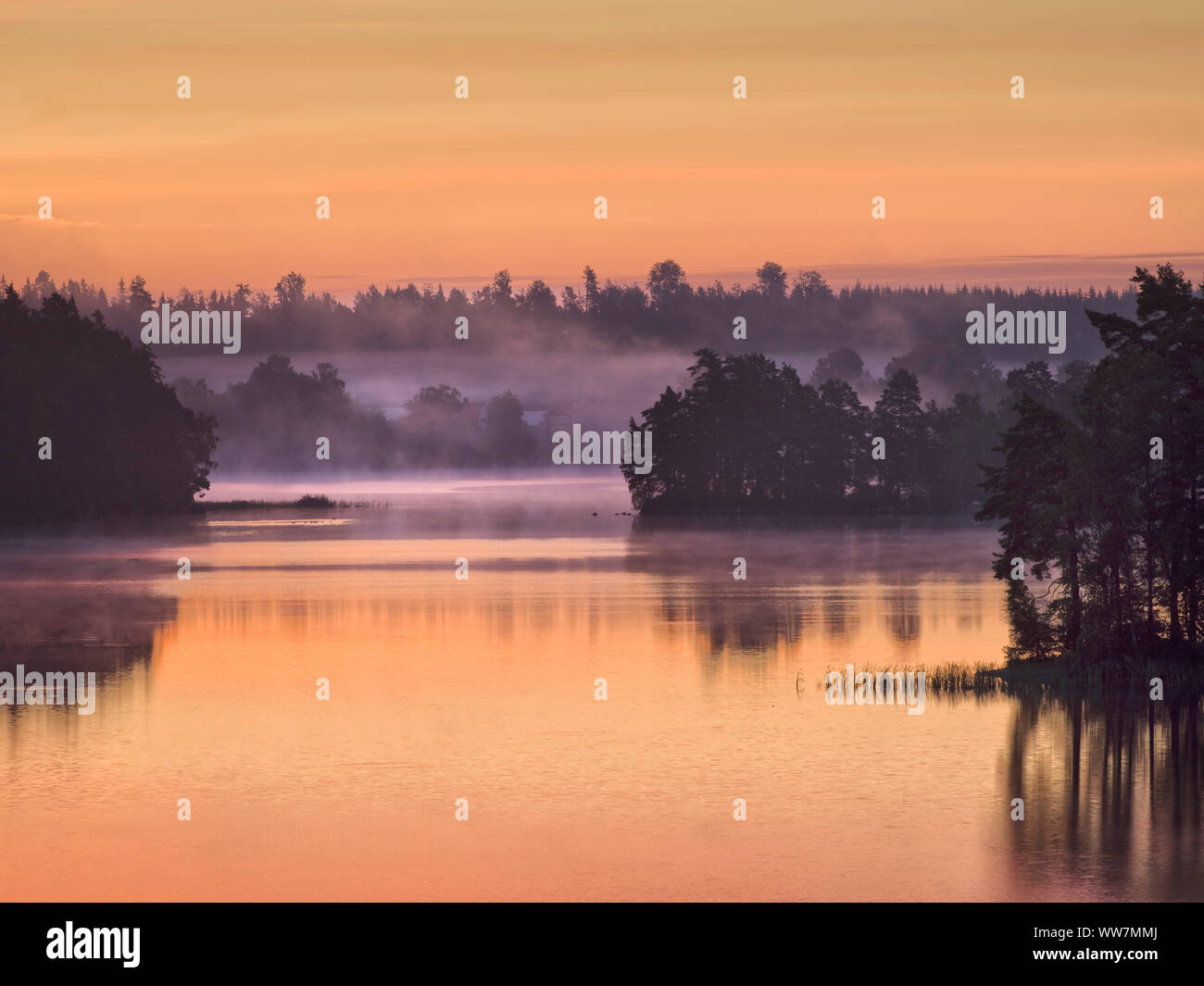 Schweden, Smaland, EksjÃ¶, Sommernachtstraum Stimmung am See Solgen Stockfoto
