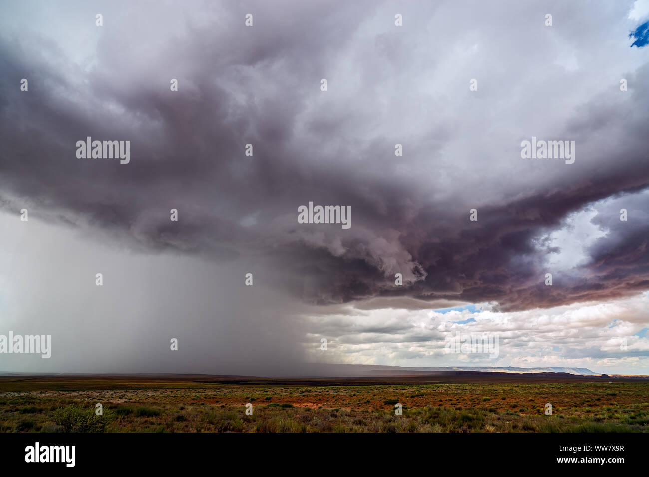 Dramatische Sturmwolken ziehen durch die Wüste, während ein Monsunwetter starken Regen in der Nähe von Chinle, Arizona, abgibt Stockfoto