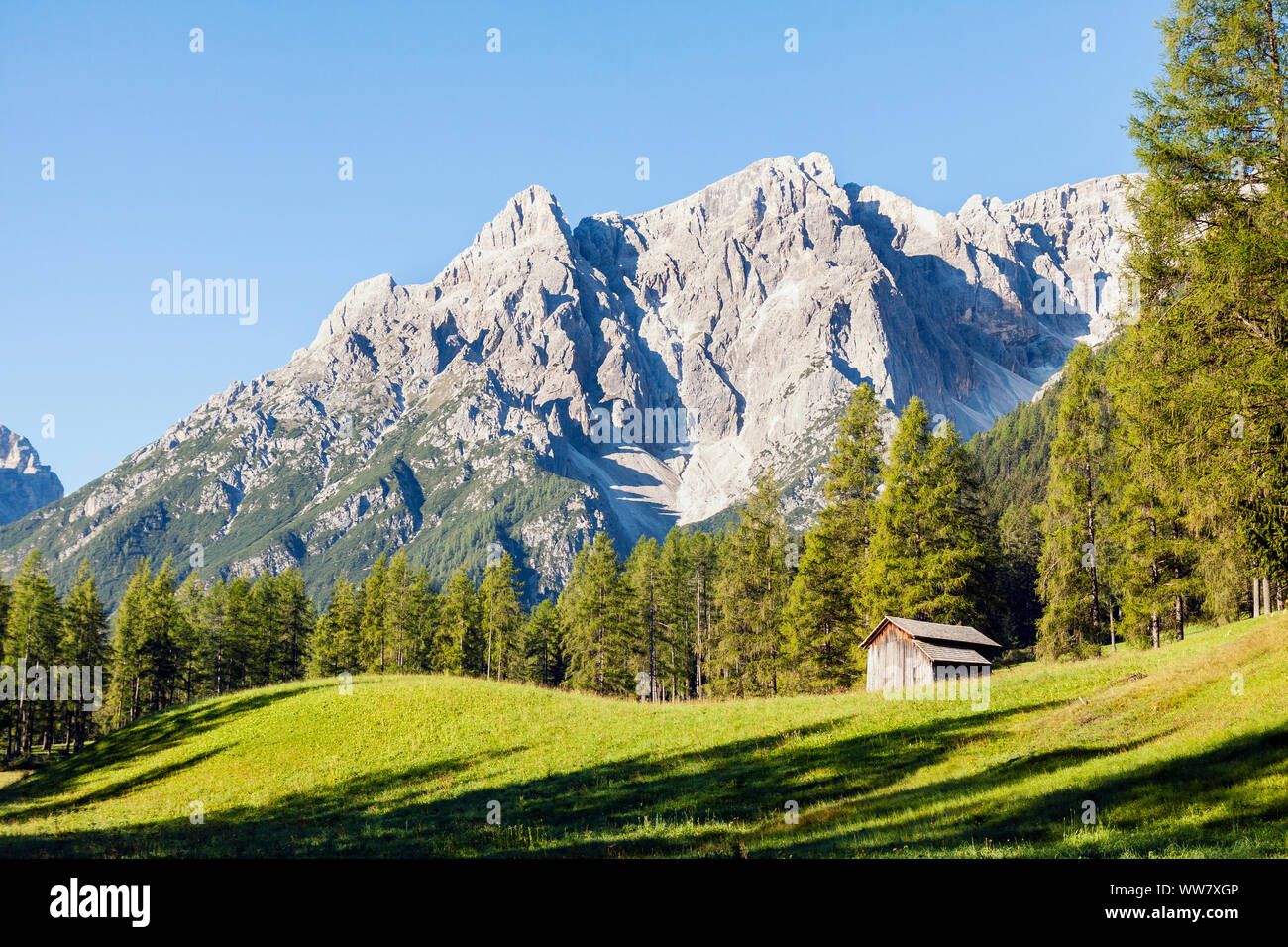 Bergige Landschaft in Morgen in den italienischen Dolomiten mit grünem Wald und kleinen Bauernhof, Sextner Dolomiten in Südtirol Stockfoto