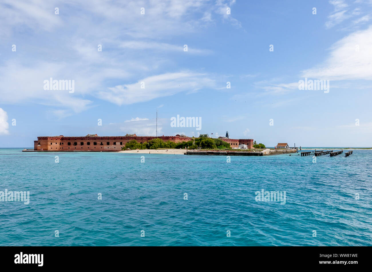 Insel der Dry Tortugas mit Fort Jefferson ab Fähre von Key West, Florida ankommen gesehen. Der tägliche Service bringt Touristen aus Key West. Stockfoto