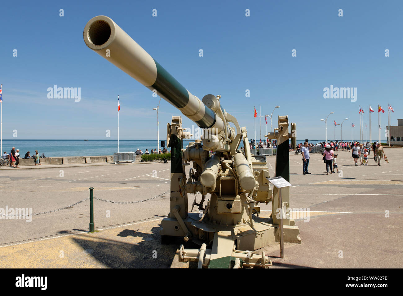 Artillerie an der Gold Beach anlässlich der Landung der Alliierten in Arromanches-les-Bains, D-Day, Arromanches-les-Bains, Calvados, Basse-Normandie, Ärmelkanal, Frankreich Stockfoto