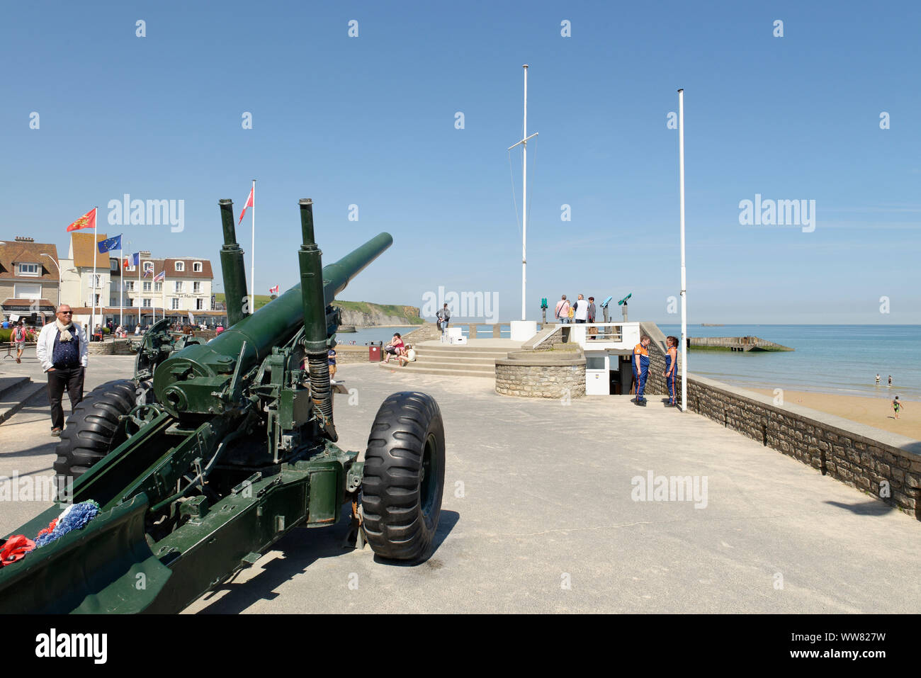 Artillerie an der Gold Beach anlässlich der Landung der Alliierten in Arromanches-les-Bains, D-Day, Arromanches-les-Bains, Calvados, Basse-Normandie, Ärmelkanal, Frankreich Stockfoto