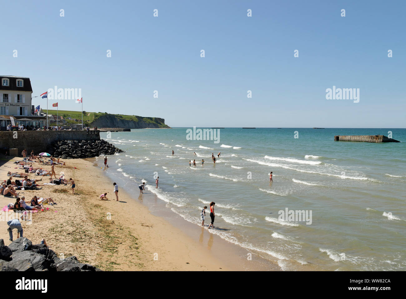 Strandabschnitt Gold Beach, Arromanches-les-Bains, Calvados, Basse-Normandie, Ärmelkanal, Frankreich Stockfoto