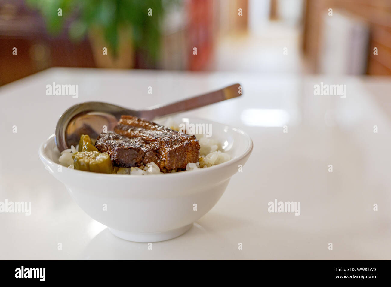 Nahaufnahme des Lu Rou Ventilator, Taiwanesische langsam kochen Sojasauce geschmorten Schweinebauch, mit Reis in der kleinen weißen Schale und weißer Tisch. Stockfoto