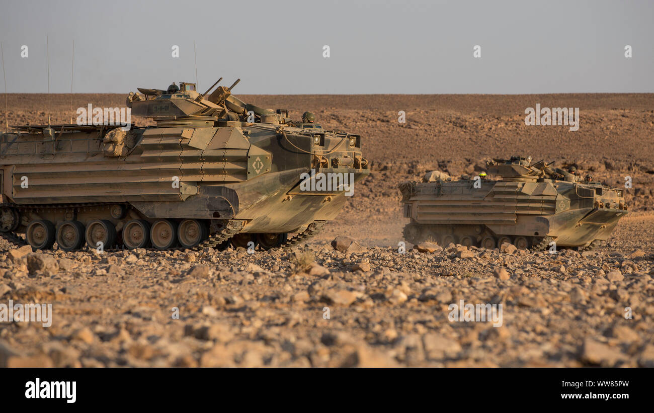 190831-M-QS 181-1139 WADI SHADIYA, Jordanien (Aug. 31, 2019) Amphibisches Fahrzeuge mit India Company, Bataillon Landung Team 3/5, 11 Marine Expeditionary Unit (MEU) simulieren Abdeckung Feuer während der Übung eifrig Lion 2019. Eifrig, Lion, US Central Command der größte und komplexeste ausüben, ist eine Gelegenheit, Kräfte in einem multilateralen Umwelt zu integrieren, arbeiten in realistischen Gelände und militärische Stärkung der militärischen Beziehungen. (U.S. Marine Corps Foto von Cpl. Jason Monty) Stockfoto