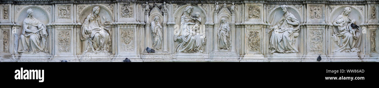 Brunnen Fonte Gaia in Siena, Wandfries Stockfoto
