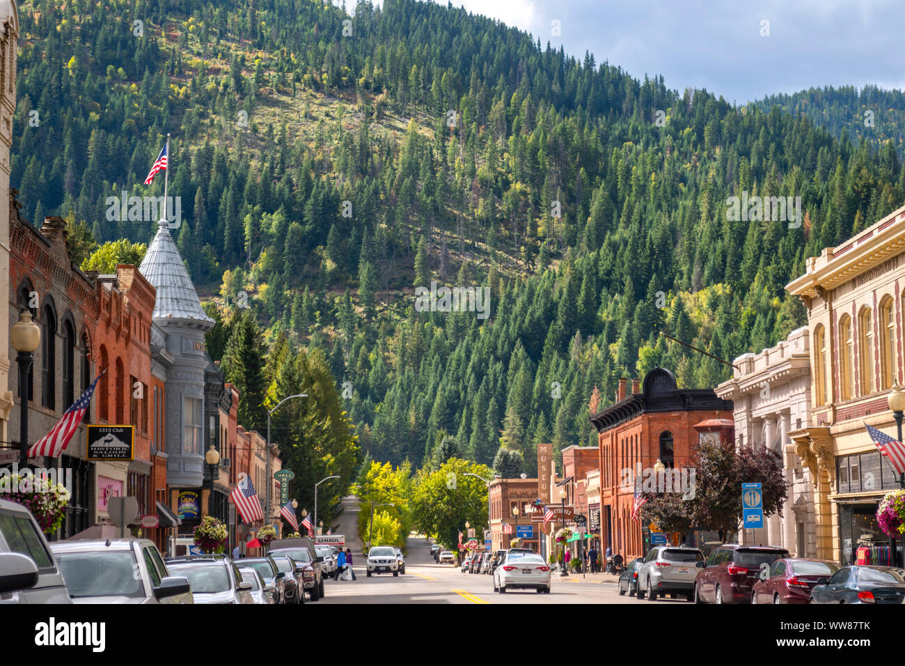 Die Hauptstraße, die durch die historischen 1800 Bergbaustadt Wallace, Idaho läuft, Teil der Superfund Aufstellungsort in Silver Valley, Idaho, USA. Stockfoto