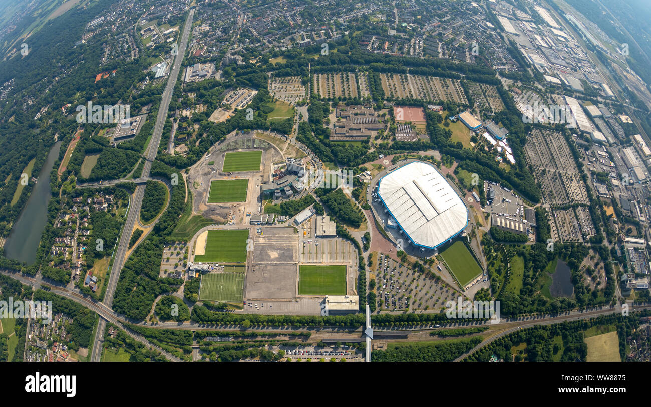 Luftaufnahme, ARENA PARK Gelsenkirchen, Veltins Arena, Arena in Gelsenkirchen ist das Fußballstadion des Deutschen Fußball-Bundesligisten FC Schalke 04, dem ehemaligen Park Stadium, Gelsenkirchen, Ruhrgebiet, Nordrhein-Westfalen, Deutschland Stockfoto