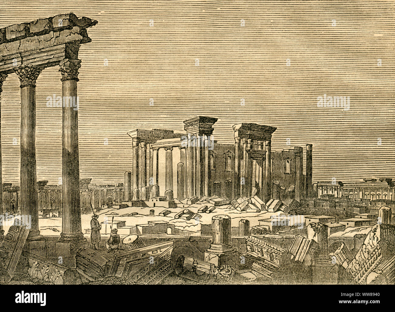 Asien, Syrien, Palmyra, Ruinen des Sonnentempels (Originaltext: Ruinen du Temple du Soleil, á Palmyre), Illustration aus: "Le Magasin Pittoresque", Deuxième Année, 1834, Paris. / Asien, Syrien, Palmyra, Ruinen der Tempel der Sonne (ursprünglicher Text: Ruinen du Temple du Soleil, á Palmyre), Illustration aus: "Le Magasin Pittoresque", Deuxième Année, 1834, Paris. Stockfoto