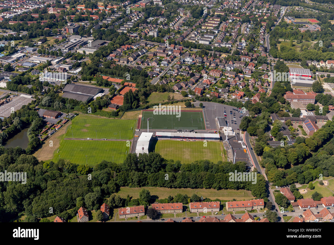 Rewerse Stadium, Wersestadion, ein Fußballplatz, ein Fußball-Stadion, ROT WEISS AHLEN e.V., Ahlen, Ruhrgebiet, Nordrhein-Westfalen, Deutschland Stockfoto