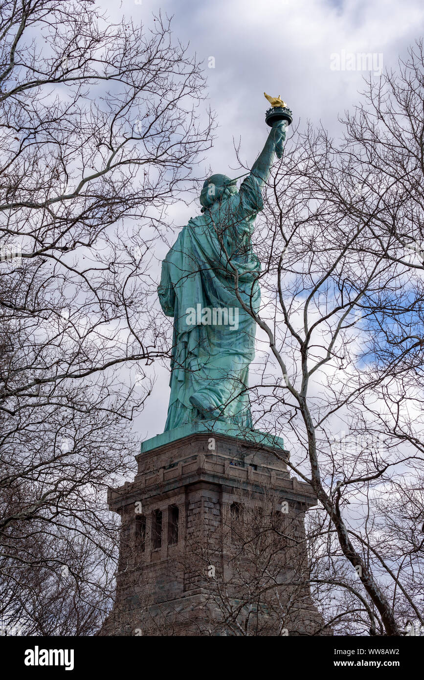Zurück Portrait der Freiheitsstatue von Zweigen gerahmt, New York City, USA Stockfoto