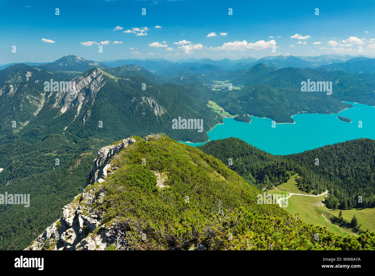 Blick vom Herzogstand zur Benediktenwand, Jochberg und Walchensee, Oberbayern, Bayern, Deutschland Stockfoto