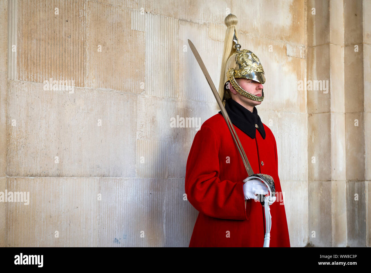 LONDON - 31. Oktober 2016: Eine junge Königin Life Guard in voller Uniform mit Royal Red Coat und goldenen Helm steht an Aufmerksamkeit mit einem Schwert. Stockfoto