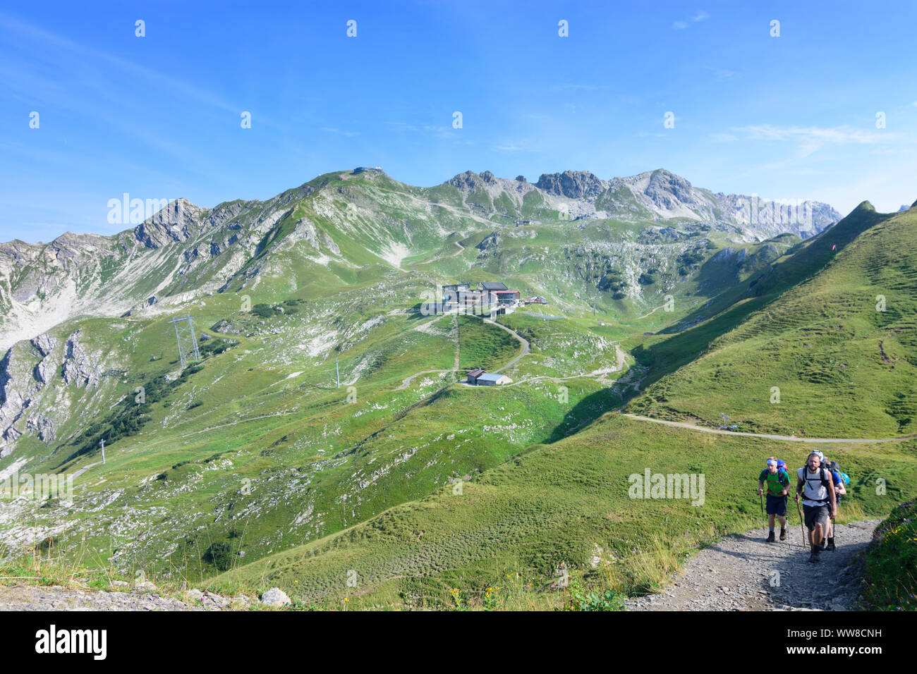 Oberstdorf, Gipfel Nebelhorn, Seilbahn, Seilbahn, Wanderer, Schwaben, Allgäu, Schwaben, Bayern, Deutschland Stockfoto