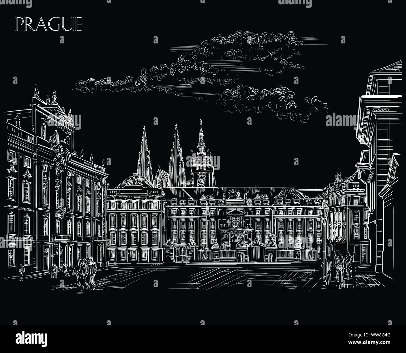 Vektor hand Zeichnung Abbildung: Hradschin Platz. Die zentralen Tor der Burg Hradcany. Wahrzeichen von Prag, tschechische Republik. Vector Illustration Stock Vektor