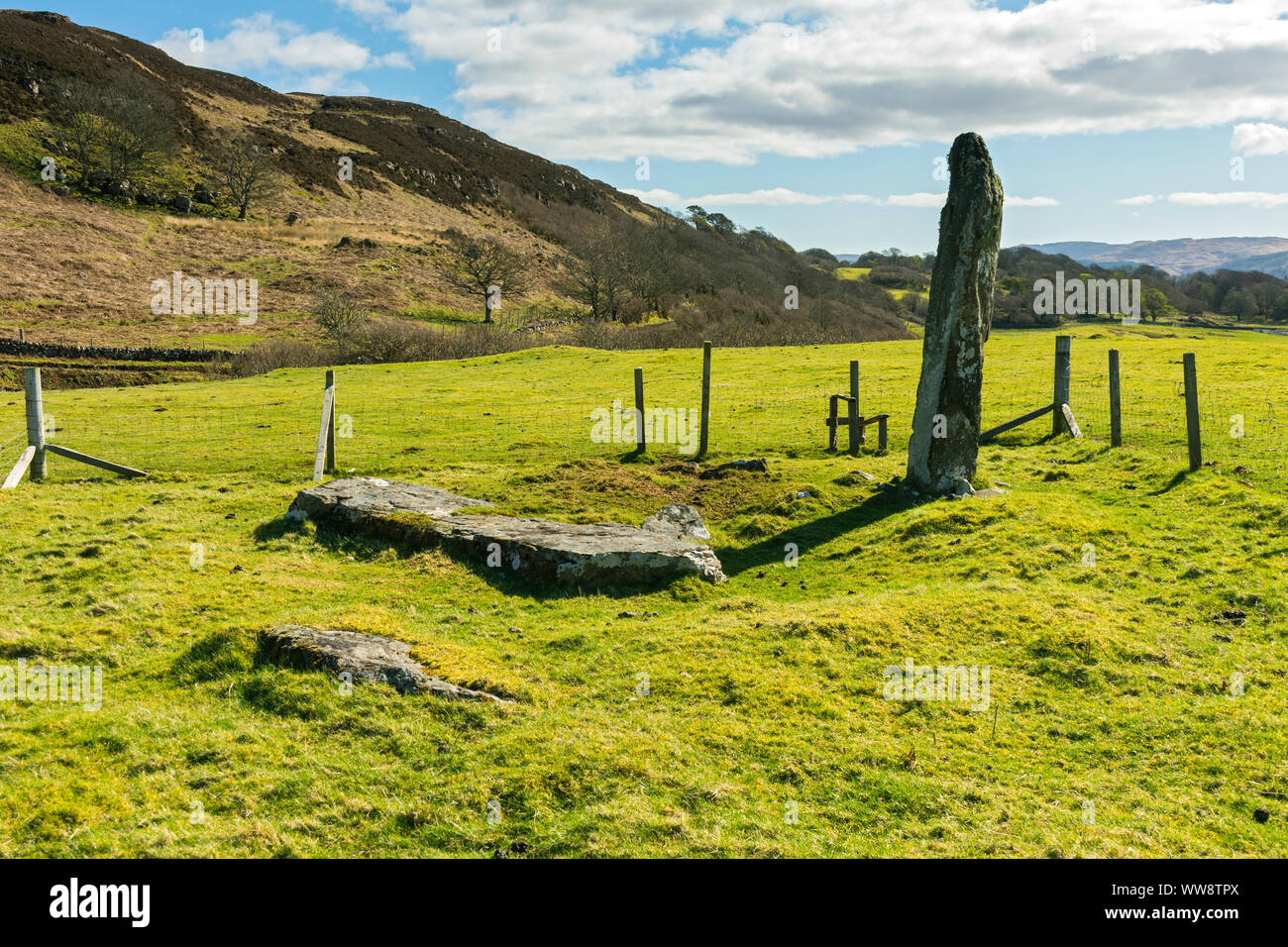 Die Calliach (alte Frau) Standing Stone, in der Nähe von Quinish Point, Isle of Mull, Schottland, Großbritannien Stockfoto