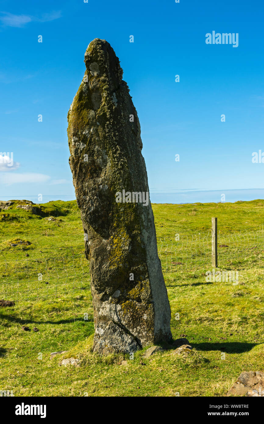 Die Calliach (alte Frau) Standing Stone, in der Nähe von Quinish Point, Isle of Mull, Schottland, Großbritannien Stockfoto