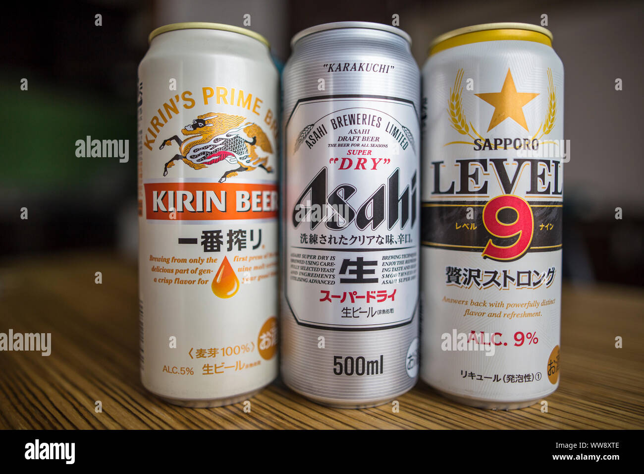 Shibuya, Tokio/Japan, 11. Juni 2018: Editorial importierte Getränke Kirin, Asahi und Sapporo, 3 großen Biermarken in Japan Stockfoto