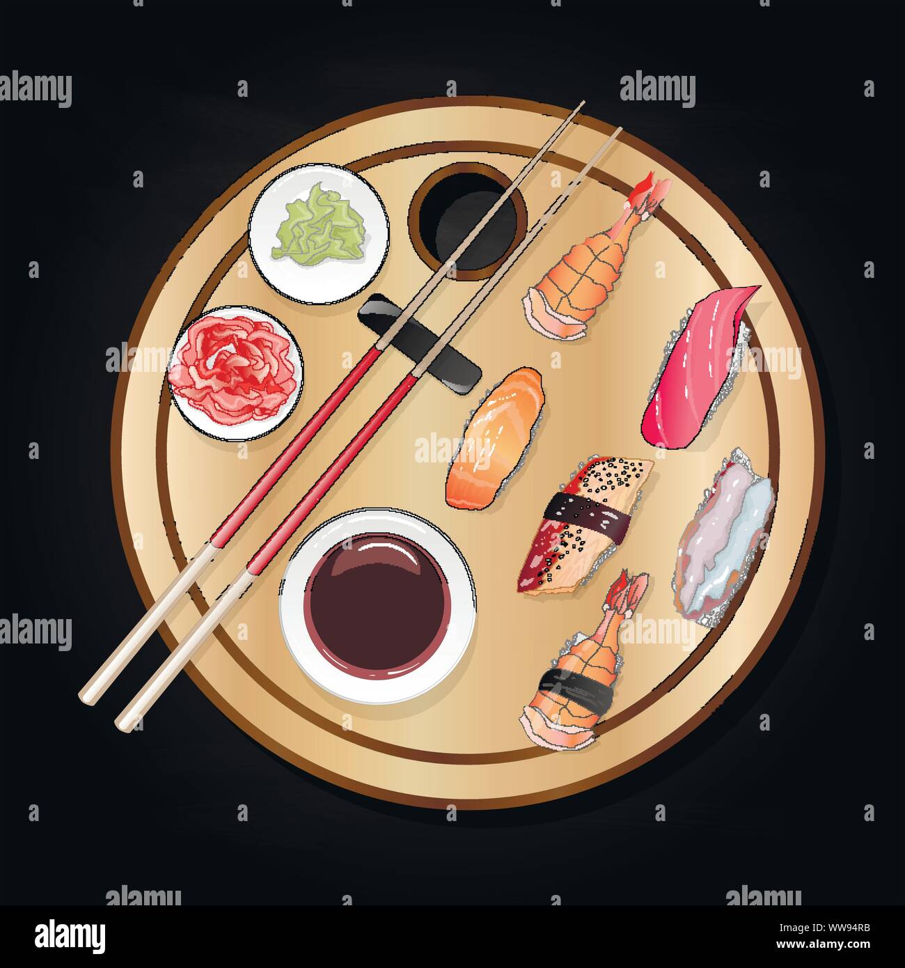 Nigiri Sush seti Abbildung isoliert. Ansicht von oben. Stock Vektor