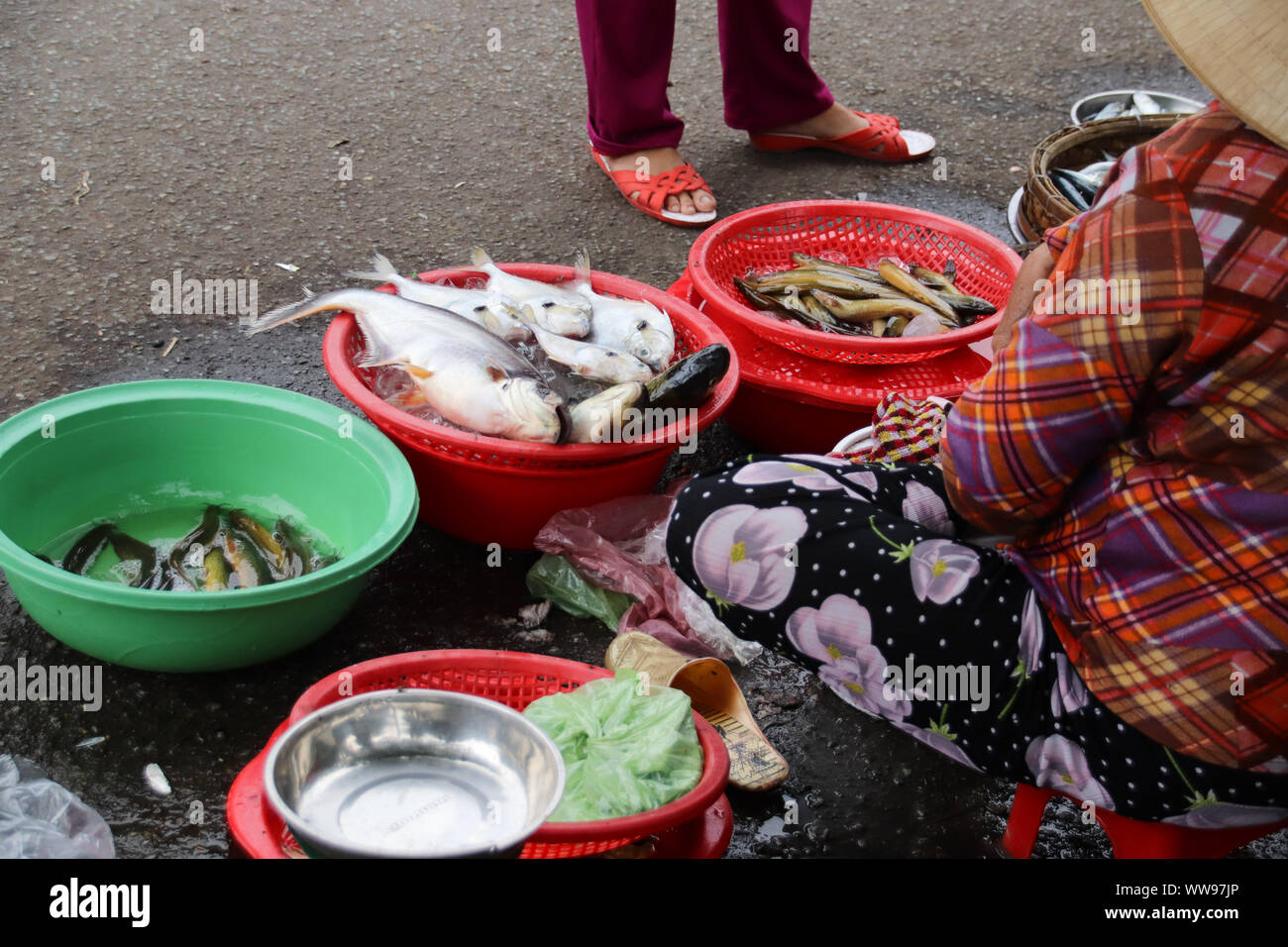 Ein Kunde verhandelt mit einem Fischverkäufer über Preise aufgrund steigender Lebensmittelkosten und Inflation Stockfoto