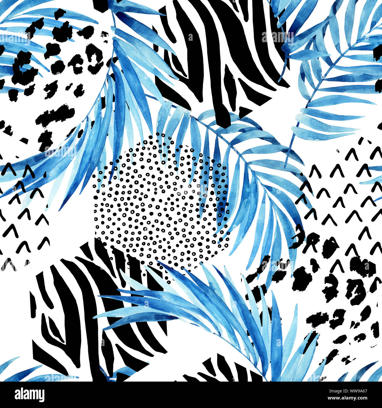 Blau Aquarell tropische Blätter und verziert Dreiecke Hintergrund. Ungewöhnliche Wasser Farbe florals und geometrischen Formen. Von Hand bemalt Sommer reisen seamles Stockfoto