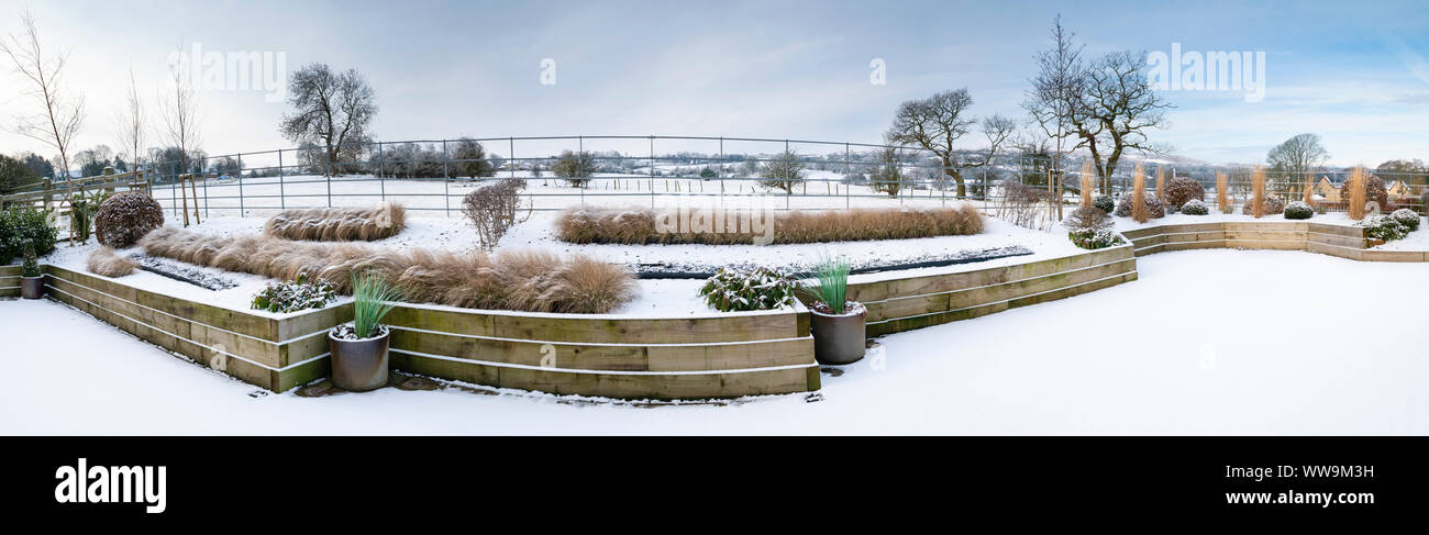 Elegantes, modernes Design, Landschaftsgestaltung und Bepflanzung auf hölzernen angehoben (formgehölze & Gräser) - Schnee Winter Garden, Yorkshire, England, UK. Stockfoto