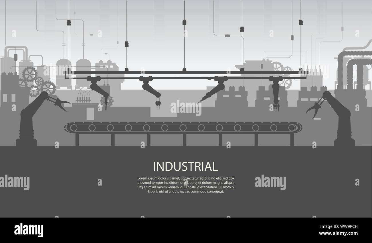 Industrielle Banner mit Silhouette factory Interieur mit Maschine und Förderband flache Design Vector Illustration Stock Vektor
