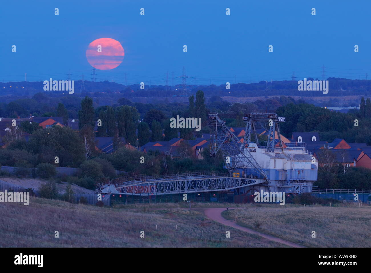 Die Ernte Vollmond am Freitag, dem 13. September mit Bucyrus Erie erhalten wandern Seilbagger bei RSPB St Aidan's Stockfoto