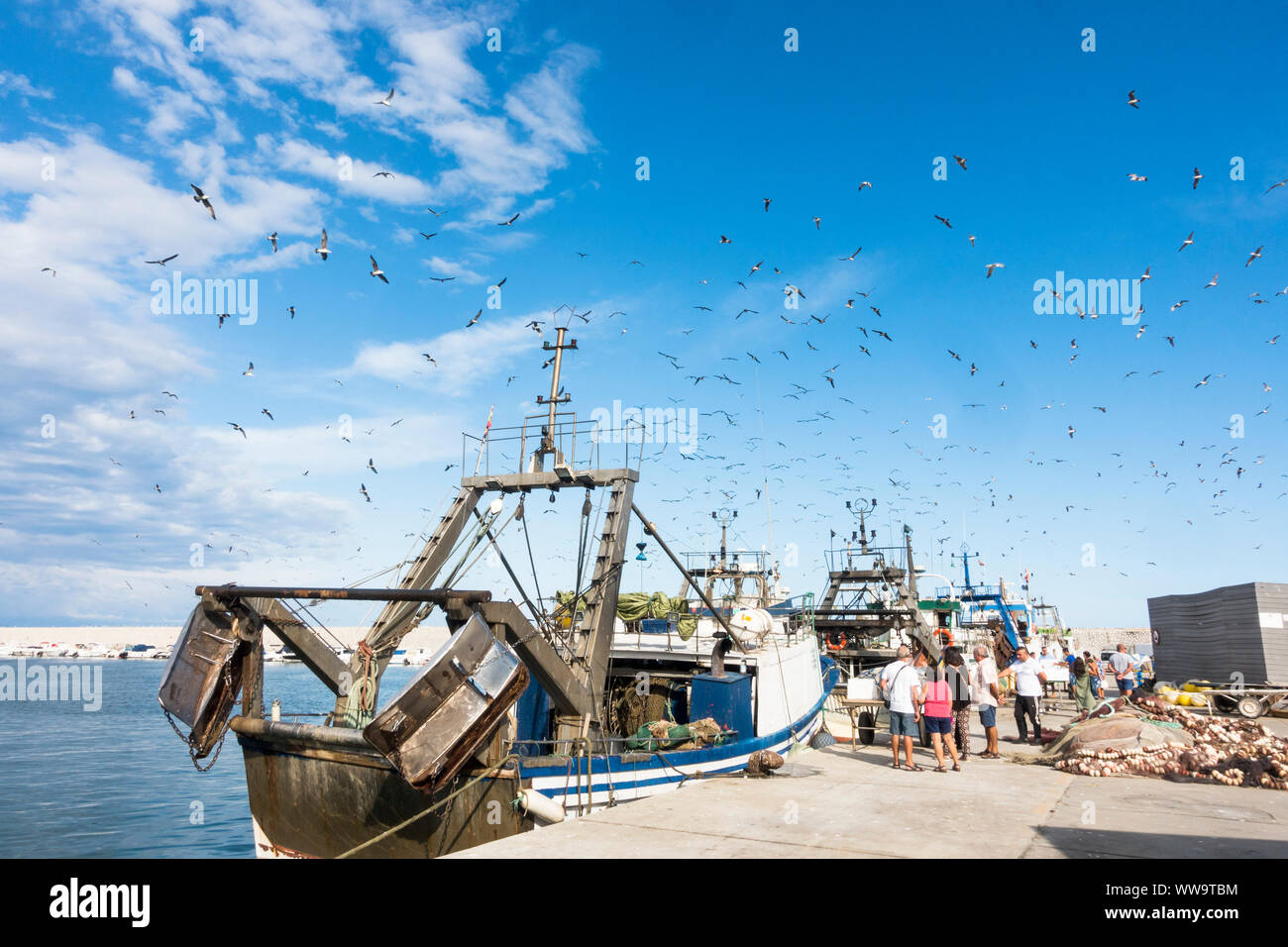 Kommerzielle Fischerboote im Hafen von Fuengirola, Andalusien, Spanien ankommen. Stockfoto