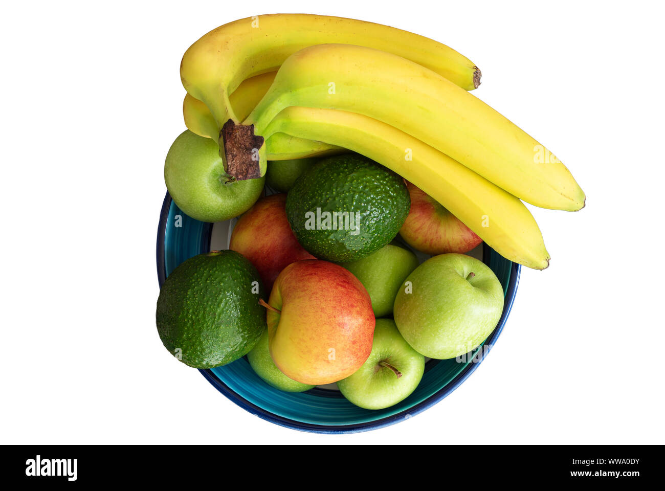 Blick von oben auf die Keramik Schüssel gefüllt mit gesundem Obst isoliert auf weißem Stockfoto
