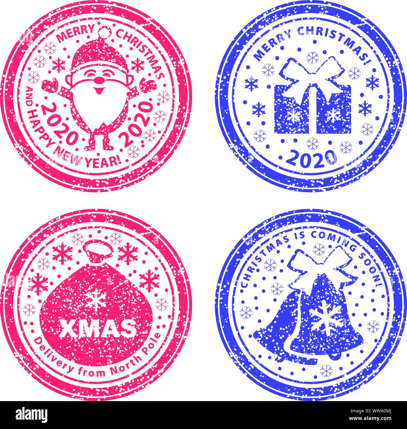 Der Vektor Briefmarken. Santa Claus in voller Länge, Weihnachten, geschenk und Glocken im Schnee. Stock Vektor