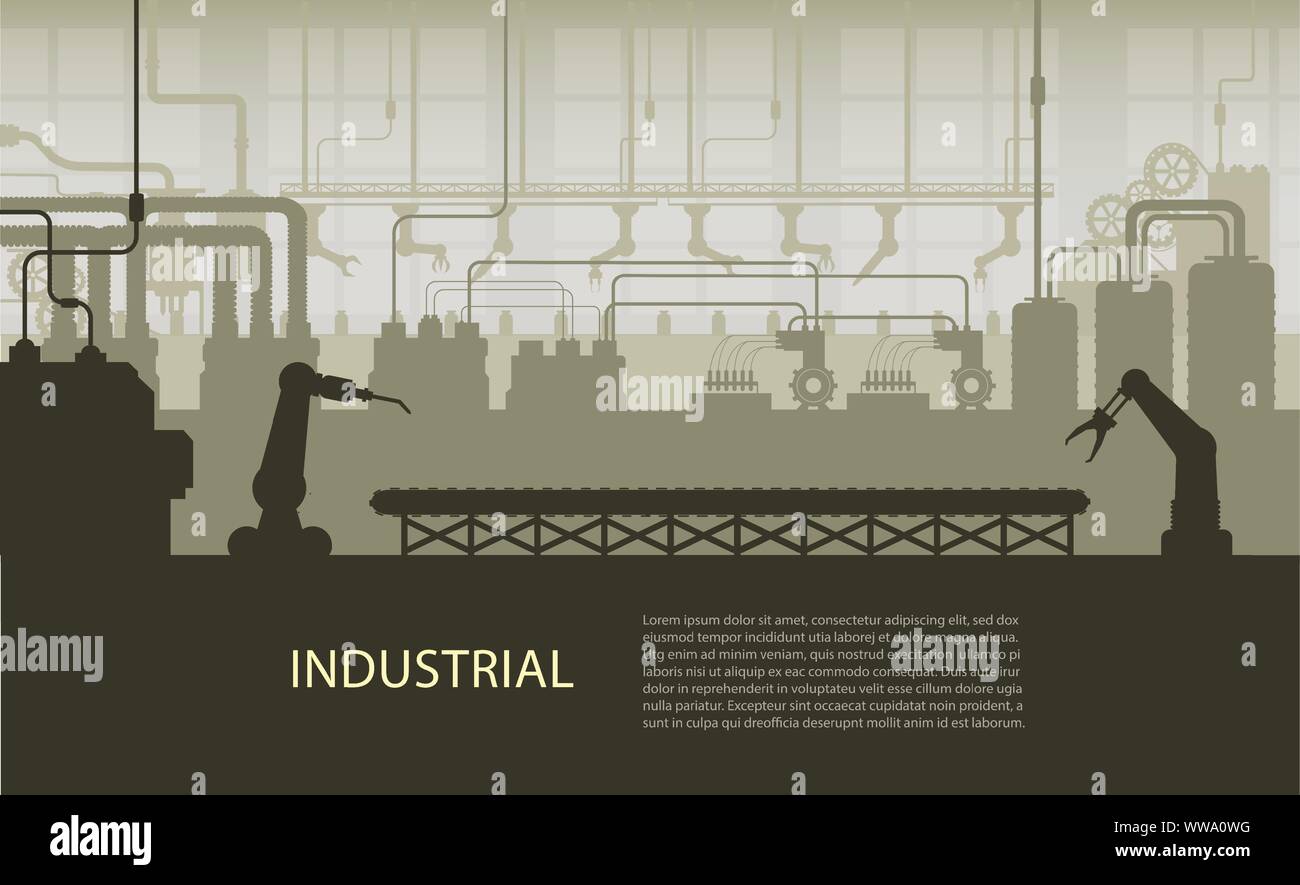 Industrielle Banner mit Silhouette factory Interieur mit Maschine und Förderband flache Design Vector Illustration Stock Vektor