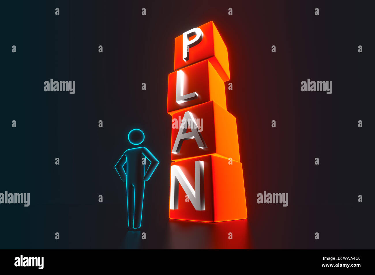 3D-Menschen - Mann, Person und ein Würfel mit Word zu planen. 3d Mann mit Plan icone. 3D-Rendering Stockfoto