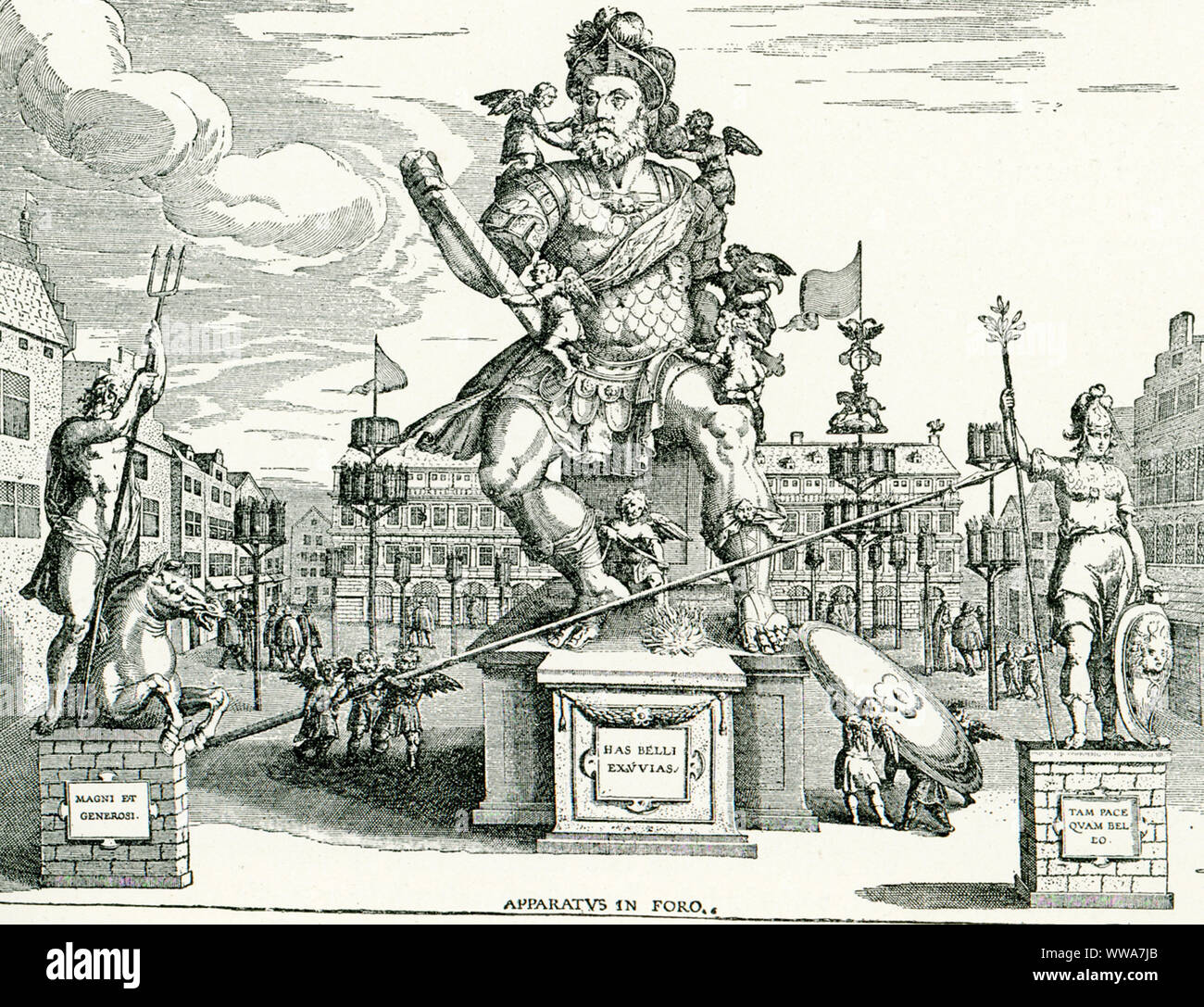 Zu sehen sind hier die Statuen des Gottes Mars, mit den Göttern Neptun und Minerva. Ihre griechischen Kollegen sind Ares, Poseidon und Athene. Diese waren in Antwerpen für eine celebratiuon während der Zeit der Erzherzog Albert und Isabella gebaut. Es ist von einem alten Drucken. Isabella war Herrscher der spanischen Niederlande In den Niederlanden und dem Norden des modernen Frankreich. Ihr Ehemann Albert VII war Erzherzog von Österreich. Stockfoto