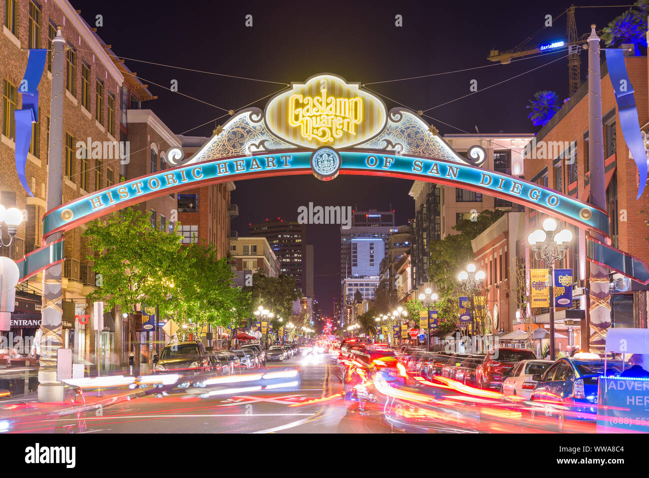 Februar 26, 2016: Gaslamp Quarter in der Nacht. Die Altstadt ist das Zentrum des Nachtlebens in der Stadt. Stockfoto