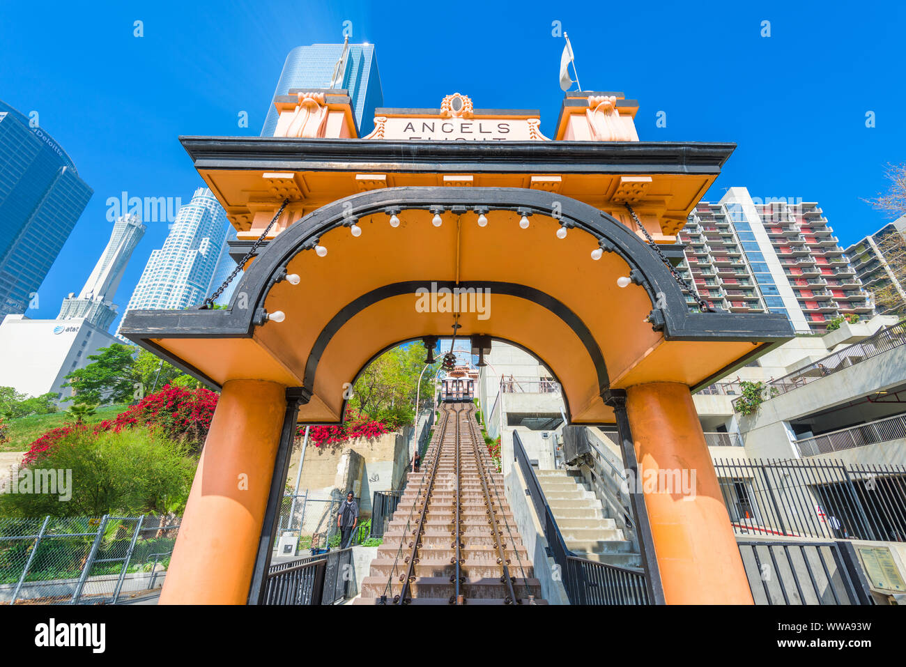 LOS ANGELES - 29. Februar 2016: Engel Flug in Downtown LA. Die Standseilbahn stammt aus dem Jahr 1901. Stockfoto