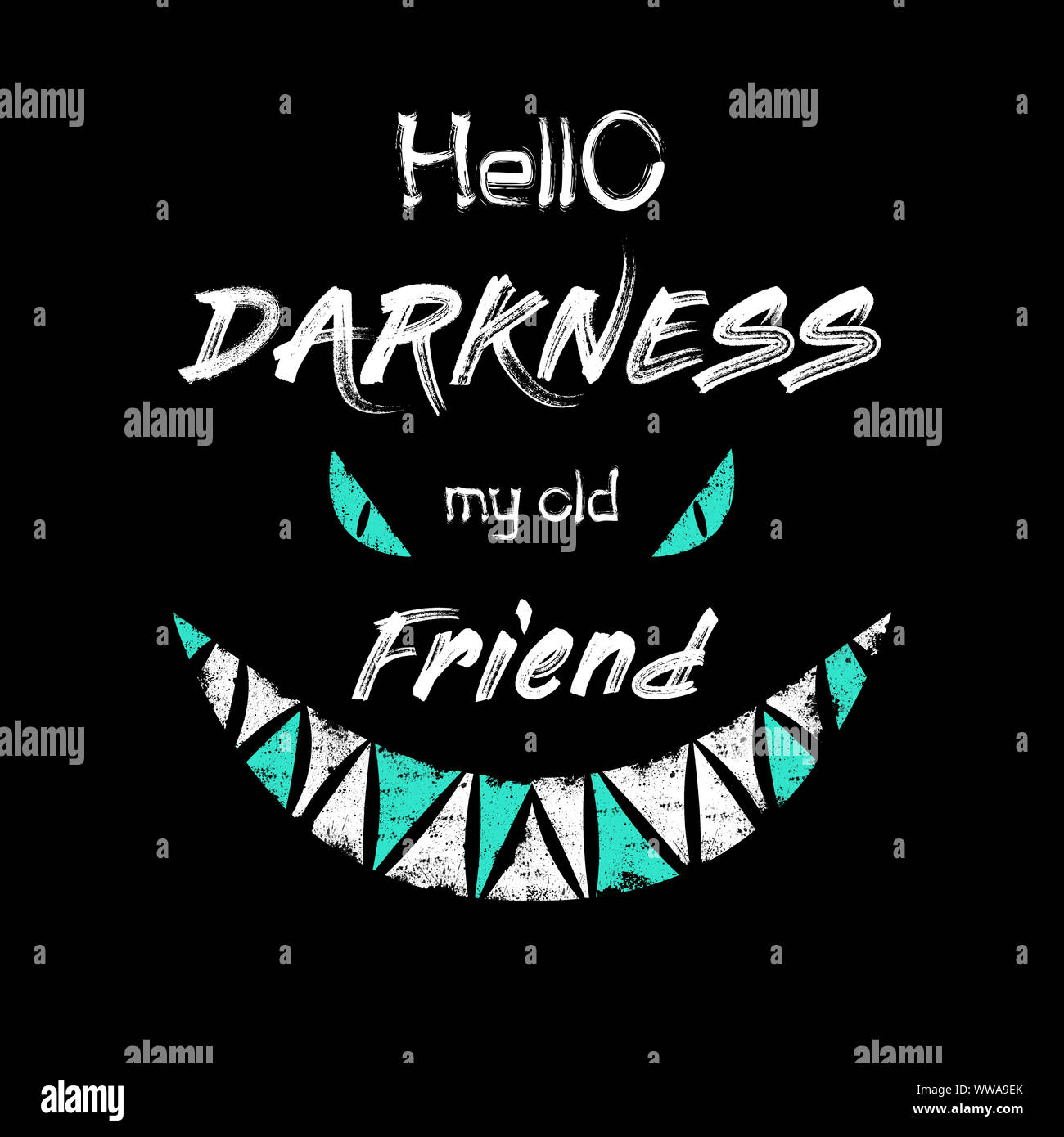 Scary Text hallo Dunkelheit mein alter Freund und Monster Augen und Zähne minimalistische Skizze Zusammensetzung über schwarzen Hintergrund. Gruselig, Hand gezeichnet Stockfoto