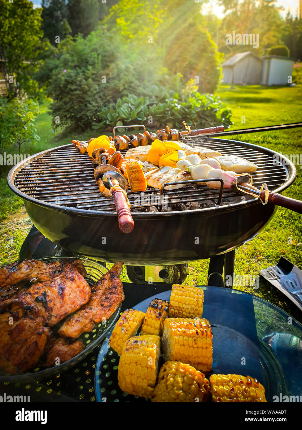 Verschiedene köstliche gegrillte Fleisch und Gemüse über Kohle Grill im sonnigen, grünen Garten. Stockfoto