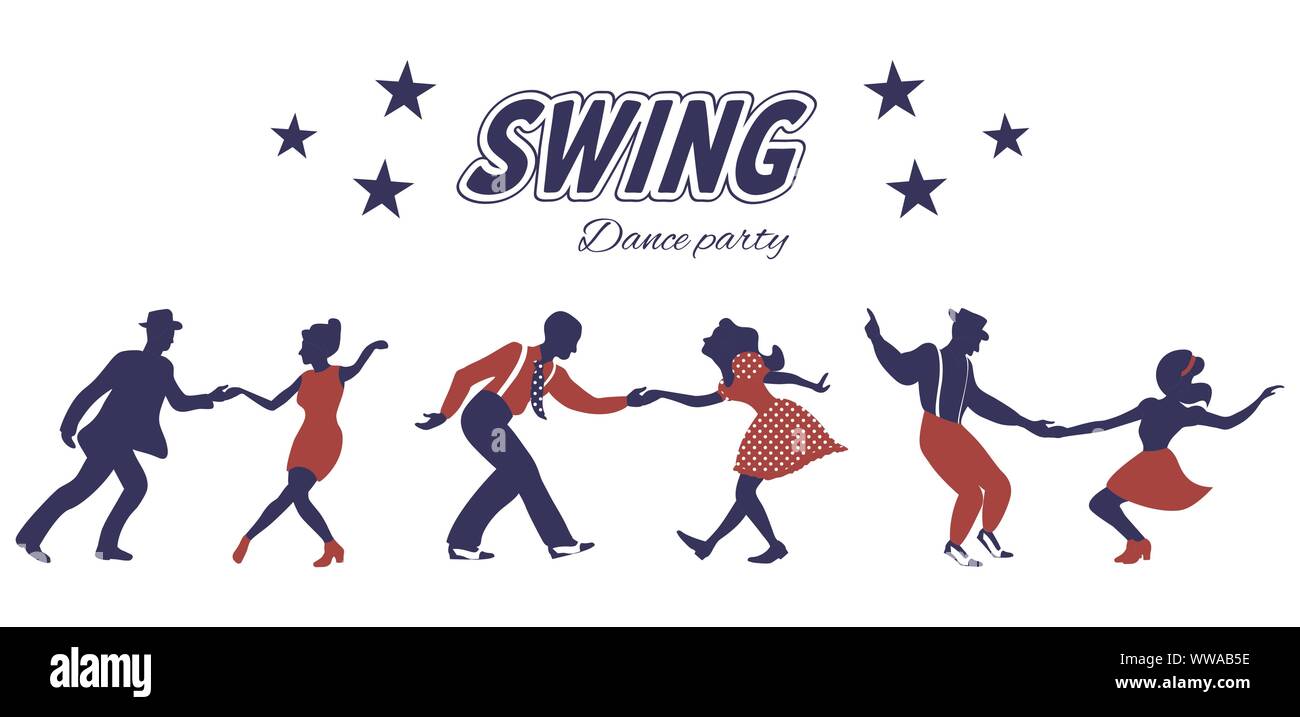 Drei Swing dance Paare Silhouetten in Rot und Blau mit Beschriftung und Sterne auf weißem Hintergrund. 40er Jahre Stil. Flache Vector Illustration. Stock Vektor