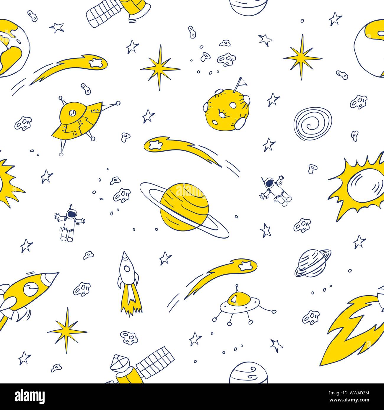 Doodle Raum nahtlose Muster. Dunkelblau Zeichnungen mit gelben Details auf weißem Hintergrund. Stock Vektor